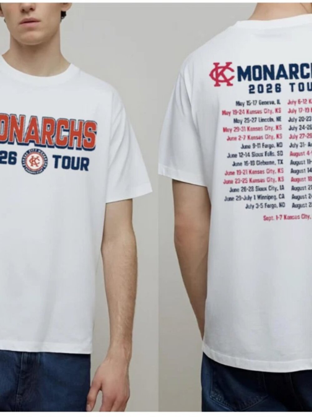 New Monarchs 2026 Tour Double Sided T-Shirt Kansas City Baseball Graphic Shirt